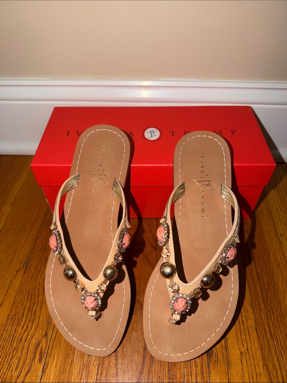 Ivanka Trump Pink Coral Beaded Thong Sandals